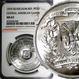 Dominican Republic Silver 1974 1 Peso Ngc Ms67 Central American Games Km 35