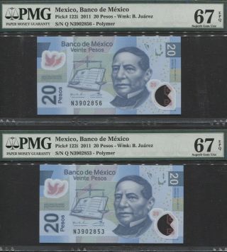 Tt Pk 122i 2011 Mexico 20 Pesos " Benito Juarez " Pmg 67 Epq Set Of Two