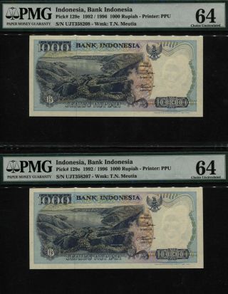 Tt Pk 129e 1992 / 1996 Indonesia 1000 Rupiah " Meutia " Pmg 64 & 58q Set Of Three