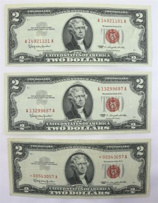Three (3) Us $2 Dollar Bills Series 1963 One Star Note,  Two Unc