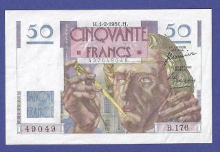 Gem Uncirculated 50 Francs 1951 Banknote From France No Pinholes