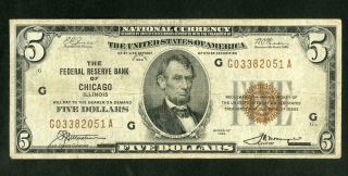 Us Paper Money Small $5 Federal Reserve Bank Of Chicago Note