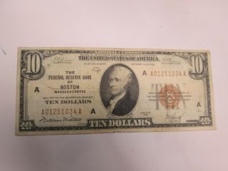 1929 Frb Of Boston,  Ma $10 National Bank Note