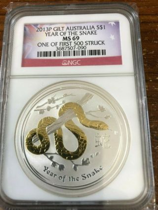 2013 $1 Year Of The Snake Ngc Ms - 69 1 Oz Gilt Gilded Silver Coin & First 500