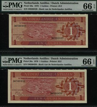 Tt Pk 20a 1970 Netherlands Antilles 1 Gulden Pmg 66 Epq Gem Unc Seq Set Of Two