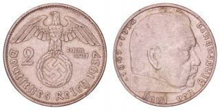 Ga.  130} Germany 3rd Reich 2 Reichsmark 1937a / Nazi Swastika / Silver / Vf