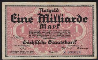 1923 1 Billion Mark German State Saxony Dresden Rare Old Emergency Banknote Vf