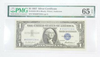$1 1957 Silver Certificate Pmg 65 Epq Gem,  Fr 1619 (wa Block) 272