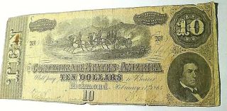 1864 $10 Dollar Bill Confederate States Currency Civil War Note Old Paper Money