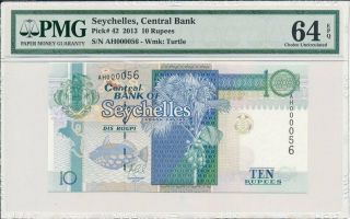 Central Bank Seychelles 10 Rupees 2013 Low S/no 000056 Pmg 64epq