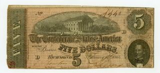 1864 T - 69 $5 The Confederate States Of America Note - Civil War Era