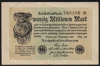 1923 20 Million Mark Germany Vintage Paper Money Banknote Currency P 108e Vf