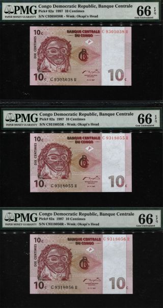 Tt Pk 82a 1997 Congo Democratic Republic 10 Centimes Pmg 66q Gem Unc Set Of 3