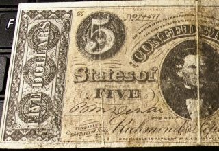 1861 $5 DOLLAR BILL CONFEDERATE STATES CURRENCY CIVIL WAR NOTE PAPER MONEY FAKE 3