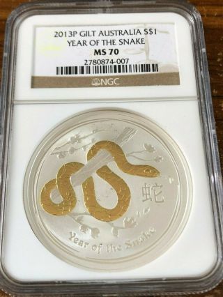 2013 $1 Year Of The Snake Ngc Ms - 70 1 Oz Gilt Gilded Silver Coin