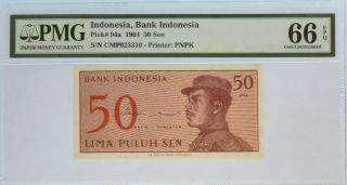Indonesia - 50 Sen - 1964 - Pick 94a Pmg 66 Epq Gem Unc