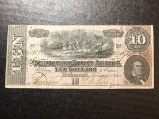 1864 Civil War Confederate Money $10 Ten Dollar Note Bill - Old Us Currency Csa