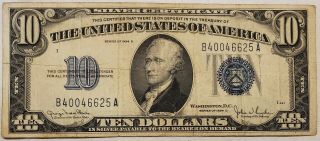 1934 - D $10.  00 Silver Certificate Blue Seal Note Ten Dollar Bill