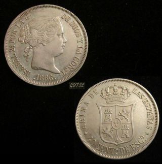 Spain,  601 - Isabel Ii,  40 Centimos Escudo 1866,  Madrid,  Silver,  Xf/axf.
