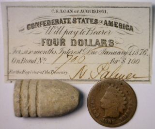 1861 Civil War Confederate $4 Csa Int.  Note,  Cw Bullet,  1865 Indian Cent Coin Nr