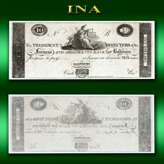 Maryland Farmers & Merchants Bank Of Baltimore $10 Obsolete Note Crisp Unc