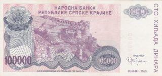 100 000 Denara Extra Fine Banknote From Krajina Serb Republic 1993