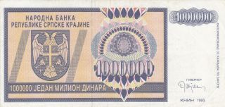 1 000 000 Denara Vf Banknote From Krajina Serb Republic 1993