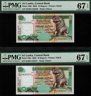 Tt Pk 108e 2005 Sri Lanka 10 Rupees Pmg 67 Epq Gem Unc Set Of Two Notes