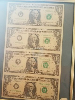 Uncut Sheet Of 6 Series 1985 $1 Dollar Bills.  Federal Reserve