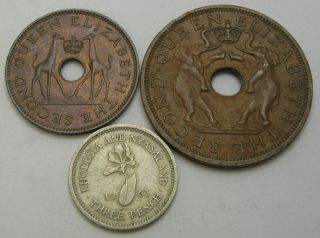 Rhodesia & Nyasaland 1/2,  1 Penny & 3 Pence 1958/1963 - 3 Coins.  - 484