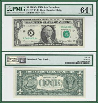 1969d Star $1 Federal Reserve Note Pmg 64 Epq Choice Unc Frn Dollar