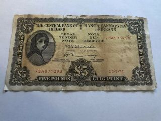 Ireland: Irish Lavery Five Pound Note Dated 26.  5.  1974
