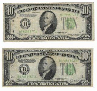 H - 1934 A $10 Frn St.  Louis,  B - 1934 A $10 York Lime Green Seal