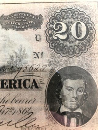 1864 $20 Confederate States of America Note,  Civil War Currency 3