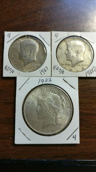 1922 Peace Silver Dollar,  2 - 40 Kennedy Half Dollars 1967 - 1968 - D