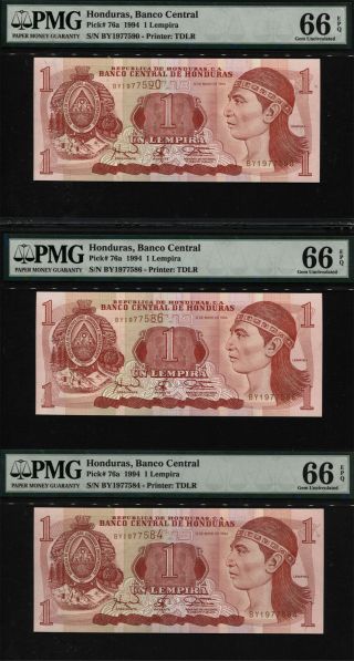 Tt Pk 76a 1994 Honduras 1 Lempira - Banco Central Pmg 66 Epq Gem Set Of Three