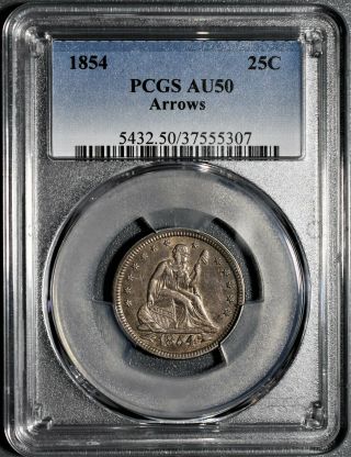 1854 25c Silver Seated Liberty Quarter,  Arrows,  Certified By Pcgs Au50,  Ea23