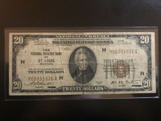 1929 $20 Twenty Dollars Federal Reserve National Banknote St.  Louis Frbn