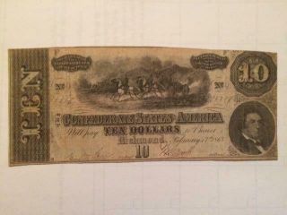 1864 $10 Dollar Bill Confederate States Currency Civil War Note R.  M.  T.  Hunter :)