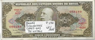Brazil Bundle 80 Notes 5 Cruzeiros (1962 - 64) P 176 Vf/axf