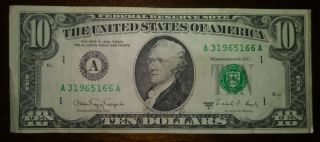 1988 $10 Dollar Bill Series A Federal Reserve Bank Of Boston A31965166a