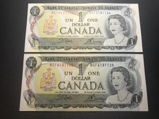 1973 Bank Of Canada Consecutive Serial Number $1 Bills Crisp Unc Shape