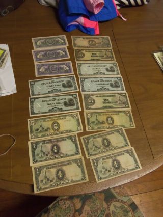 Wwii Japanese Government Occupation Bank Notes - 1,  5,  10,  100 & 1000 Pesos