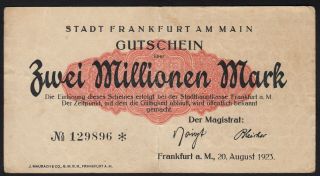 1923 2 Million Mark Frankfurt Germany Old Vintage Emergency Money Banknote Vf