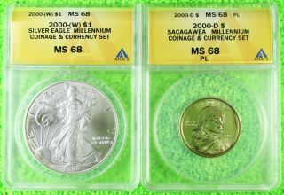 2000 - D Sacagawea Indian Dollar Millennium Coinage & Currency Set Ms68 Pl Anacs