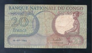 Congo Dem.  Republic,  1962,  20 Francs,  P - 4,  Crisp F - Vf