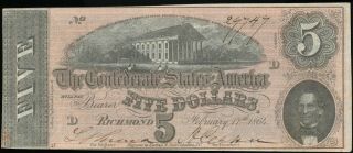 1864 T - 69 $5 Confederate States Of America Note - Civil War Era Crisp Vf/xf