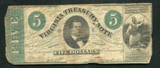 1862 $5 Five Dollars Virginia Treasury Note Richmond,  Va Obsolete Banknote