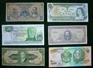6 Bank Notes N.  And S.  America Incl.  Canadian $1 Bill.  Unc.  To Well.