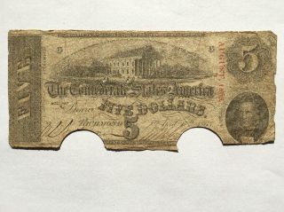 1863 Confederate States Of America $5 Five Dollar Bill Civil War Currency Note
